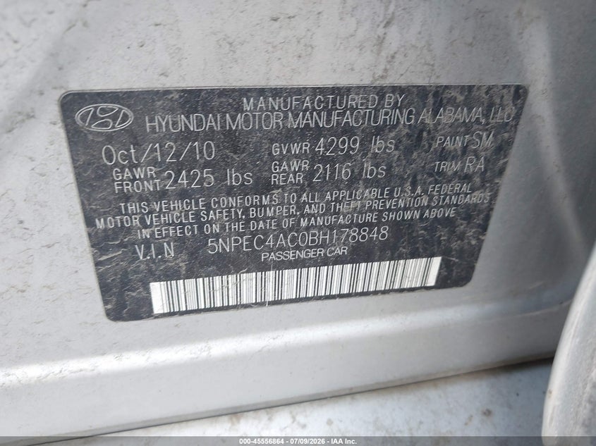 2011 Hyundai Sonata VIN 5NPEC4AC0BH178848 IAAI salvage auction — NORMAL WEAR, Clear (New York), sold $425 on 2026-07-30 (photo 9)