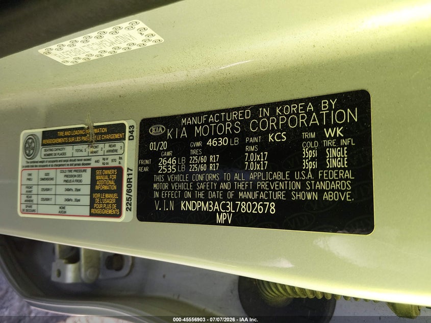 2020 Kia Sportage VIN KNDPM3AC3L7802678 IAAI salvage auction — RIGHT FRONT, Salvage Certificate (California), sold $700 on 2026-07-24 (photo 9)
