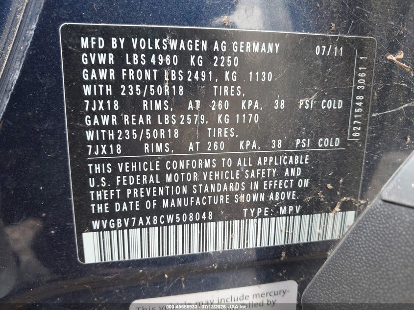 2012 Volkswagen Tiguan VIN WVGBV7AX8CW508048 IAAI salvage auction — NORMAL WEAR, Clear (Illinois), sold $475 on 2026-07-29 (photo 9)