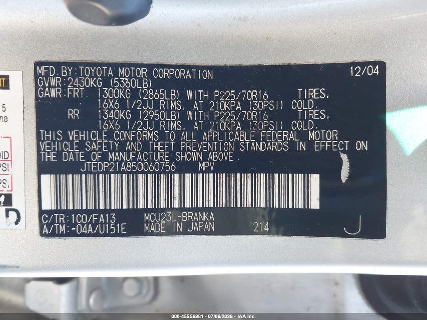 2005 Toyota Highlander VIN JTEDP21A850060756 IAAI salvage auction — NORMAL WEAR, Clear (Washington), sold $500 on 2026-07-29 (photo 9)