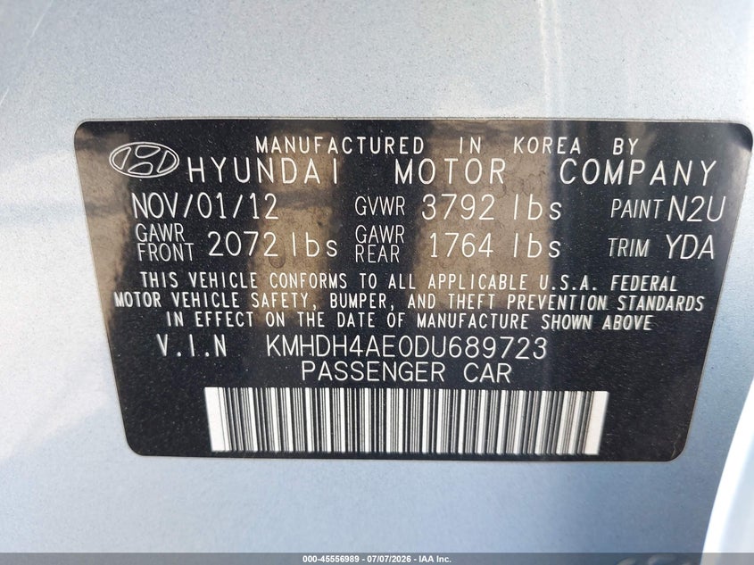 2013 Hyundai Elantra VIN KMHDH4AE0DU689723 IAAI salvage auction — FRONT END, Salvage (California), sold $750 on 2026-07-29 (photo 9)