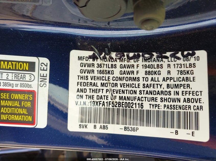 2011 Honda Civic VIN 19XFA1F52BE002116 IAAI salvage auction — NORMAL WEAR, Clear (Michigan), sold $525 on 2026-07-19 (photo 9)