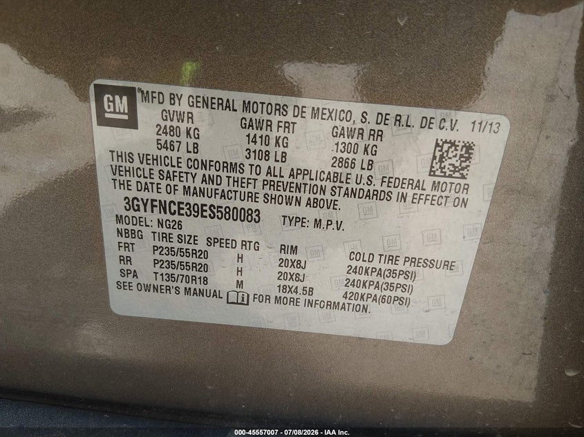 2014 Cadillac Srx VIN 3GYFNCE39ES580083 IAAI salvage auction — FRONT END, Original (Texas), sold $1,225 on 2026-09-24 (photo 9)