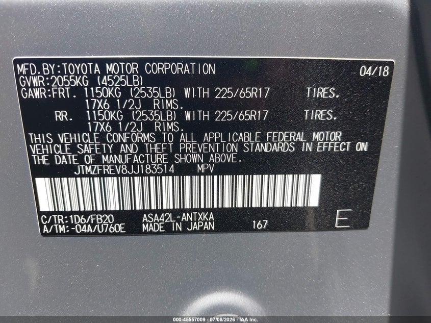 2018 Toyota Rav 4 VIN JTMZFREV8JJ183514 IAAI salvage auction — REAR END, Salvage Certificate (California), sold $6,900 on 2026-07-22 (photo 9)