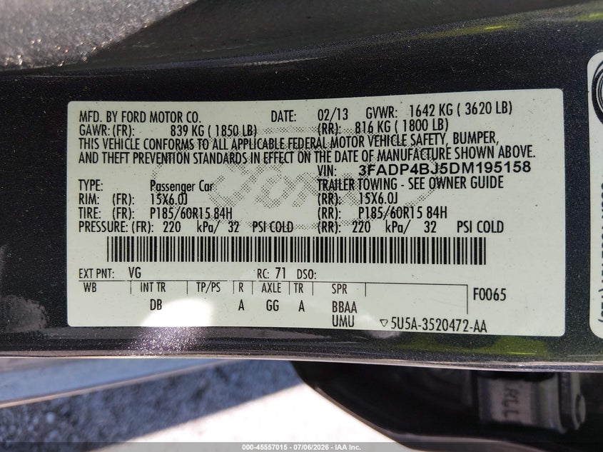 2013 Ford Fiesta VIN 3FADP4BJ5DM195158 IAAI salvage auction — NORMAL WEAR, Clear (Nevada), sold $275 on 2026-07-24 (photo 9)