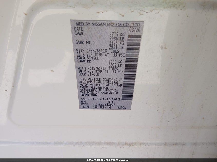 2020 Nissan Pathfinder VIN 5N1DR2AN3LC615041 IAAI salvage auction — NORMAL WEAR, Sf97 (Arizona), sold $7,200 on 2026-07-09 (photo 9)