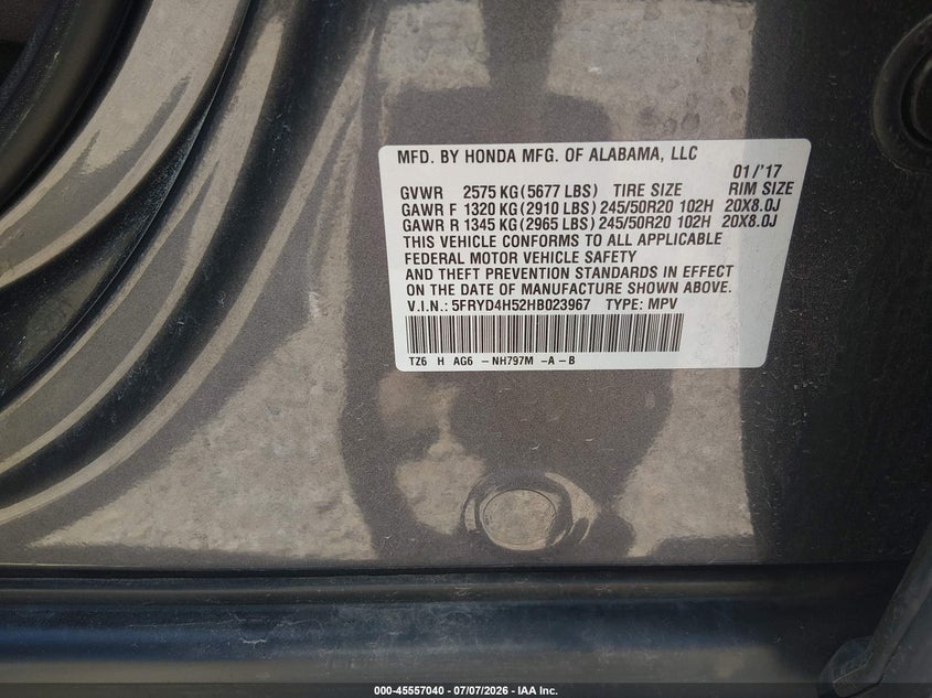 2017 Acura Mdx VIN 5FRYD4H52HB023967 IAAI salvage auction — Burn Engine, Salvage (Iowa), sold $1,500 on 2026-07-29 (photo 9)