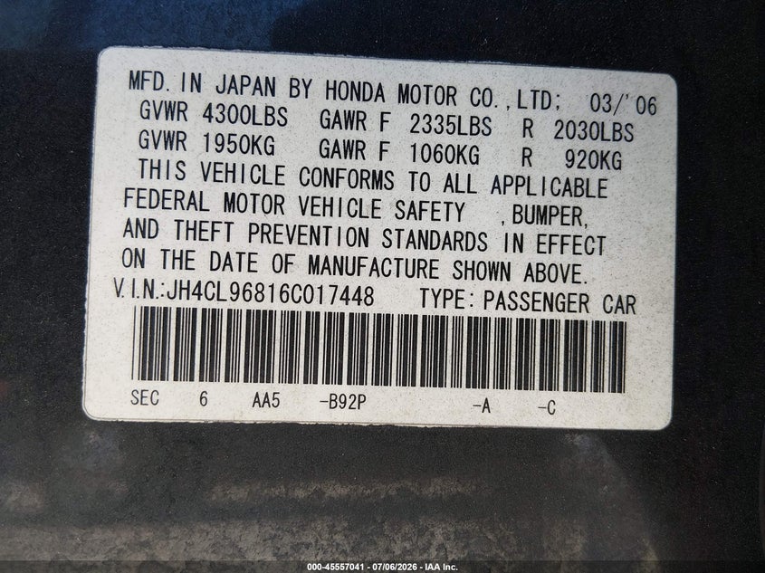 2006 Acura Tsx VIN JH4CL96816C017448 IAAI salvage auction — LEFT FRONT, Salvage (California), sold $350 on 2026-07-17 (photo 9)