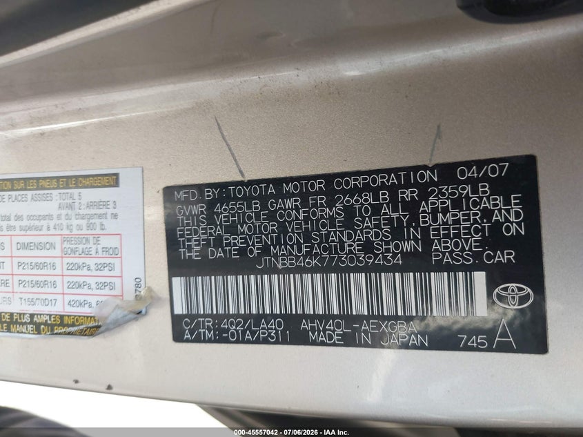 2007 Toyota Camry hybrid VIN JTNBB46K773039434 IAAI salvage auction — FRONT END, Salvage (Arizona), sold $25 on 2026-07-28 (photo 9)