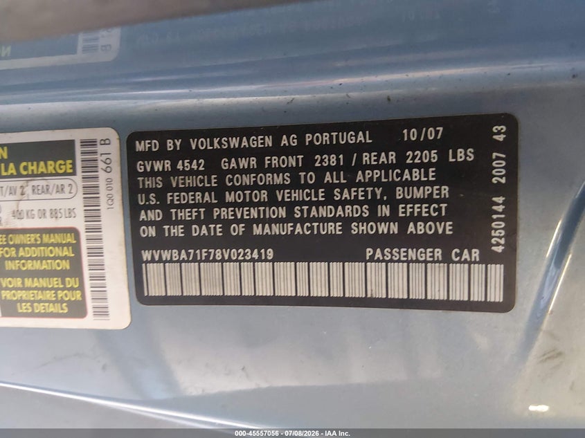 2008 Volkswagen Eos VIN WVWBA71F78V023419 IAAI salvage auction — NORMAL WEAR, Clear (Tennessee), sold $350 on 2026-07-20 (photo 9)
