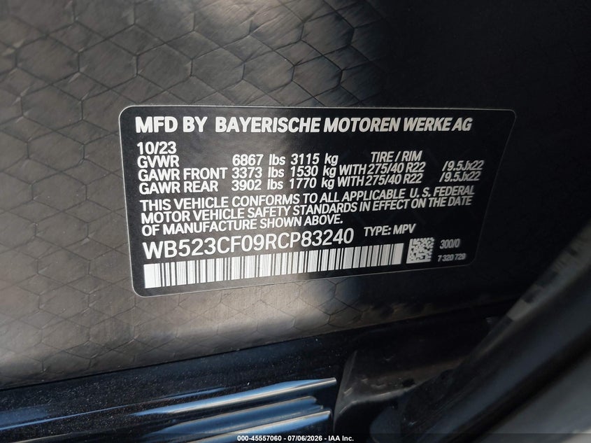 2024 BMW Ix VIN WB523CF09RCP83240 IAAI salvage auction — RIGHT SIDE, Salvage Title, sold $26,450 on 2026-08-17 (photo 9)