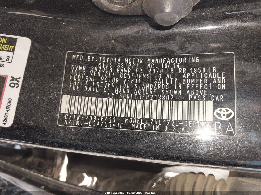 2015 Toyota Corolla VIN 5YFBURHE3FP213802 IAAI salvage auction — ROLLOVER, Non-Repairable (California), sold $550 on 2026-07-30 (photo 9)