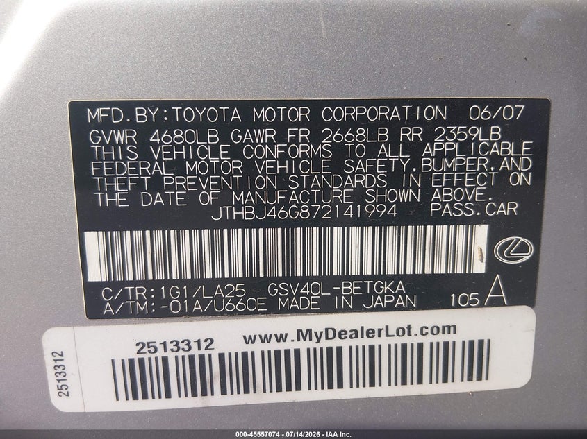 2007 Lexus ES VIN JTHBJ46G872141994 IAAI salvage auction — NORMAL WEAR, Clear, sold $900 on 2026-07-27 (photo 9)