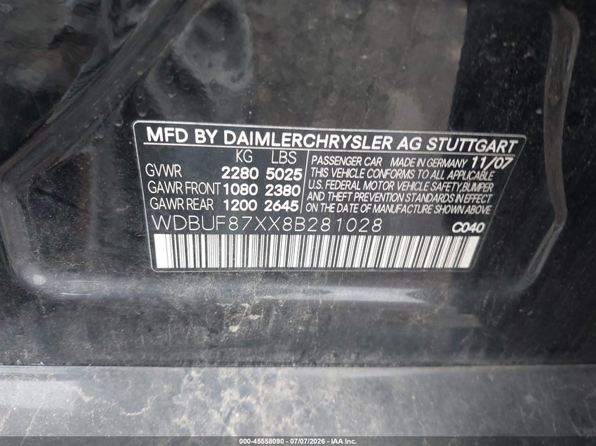2008 Mercedes-benz E-class VIN WDBUF87XX8B281028 IAAI salvage auction — NORMAL WEAR, Clear (Pennsylvania), sold $25 on 2026-07-24 (photo 9)