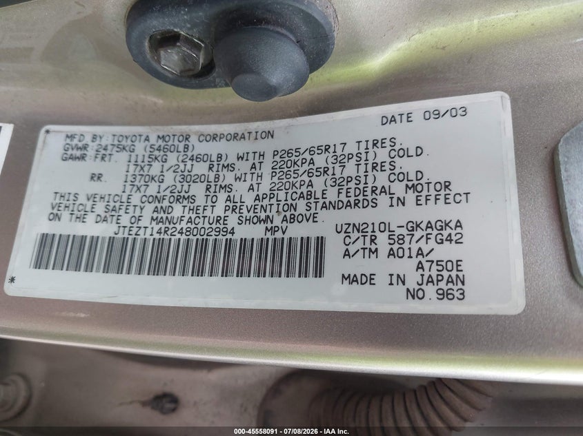2004 Toyota 4runner VIN JTEZT14R248002994 IAAI salvage auction — NORMAL WEAR, Clear (Washington), sold $3,425 on 2026-07-15 (photo 9)