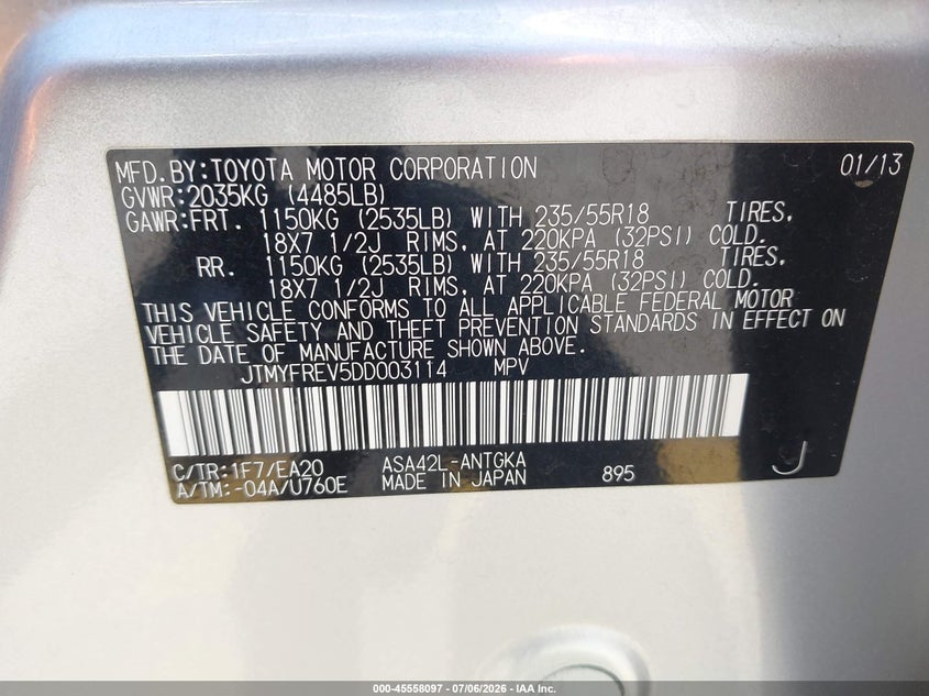 2013 Toyota Rav 4 VIN JTMYFREV5DD003114 IAAI salvage auction — NORMAL WEAR, App For Dup Clear (California), sold $3,250 on 2026-07-14 (photo 9)