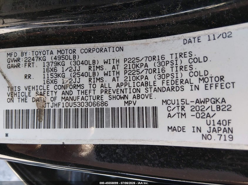 2003 Lexus Rx 300 VIN JTJHF10U530306686 IAAI salvage auction — NORMAL WEAR, Clear (Washington), sold $450 on 2026-07-29 (photo 9)