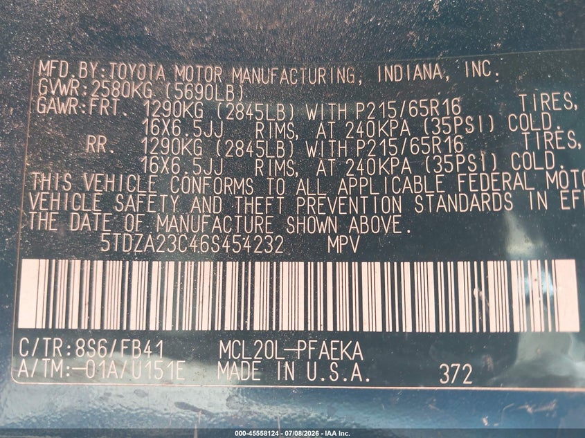 2006 Toyota Sienna VIN 5TDZA23C46S454232 IAAI salvage auction — NORMAL WEAR, Original (Texas), sold $600 on 2026-07-29 (photo 9)