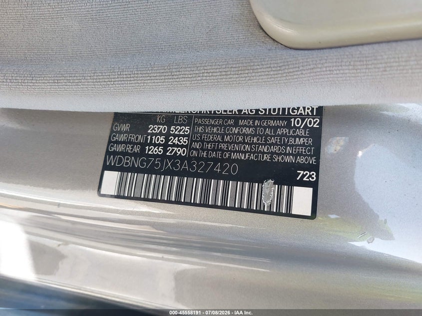 2003 Mercedes-benz S class VIN WDBNG75JX3A327420 IAAI salvage auction — NORMAL WEAR, Original (Texas), sold $25 on 2026-07-29 (photo 9)