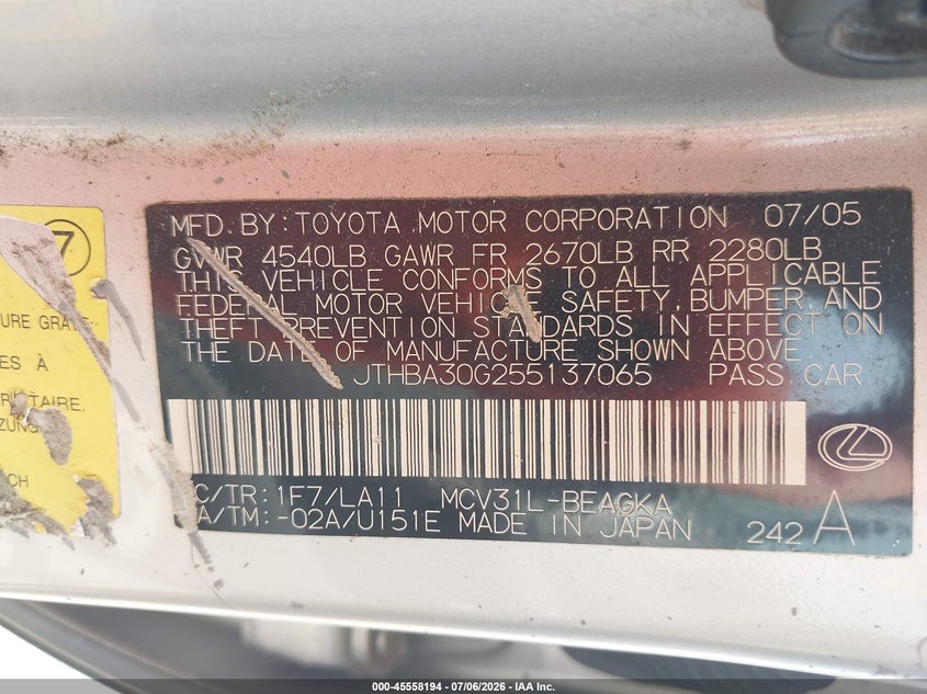 2005 Lexus Es 330 VIN JTHBA30G255137065 IAAI salvage auction — NORMAL WEAR, Clear (Alabama), sold $250 on 2026-07-28 (photo 9)