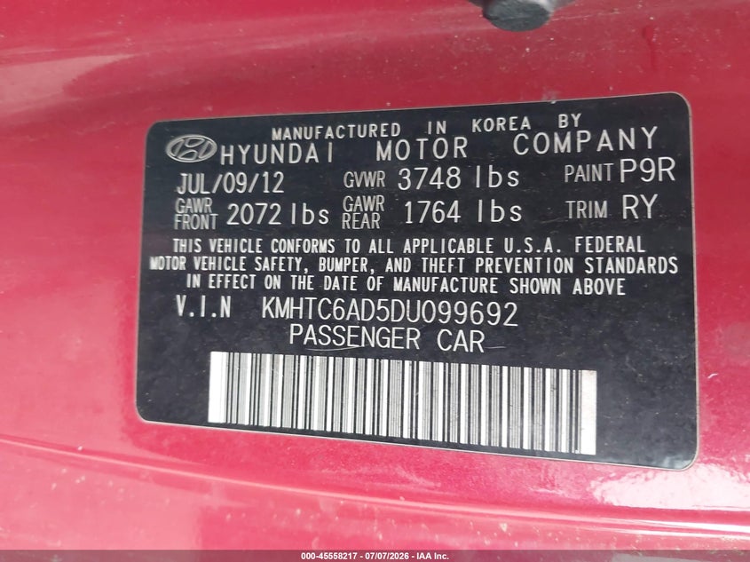2013 Hyundai Veloster VIN KMHTC6AD5DU099692 IAAI salvage auction — NORMAL WEAR, Clear (Pennsylvania), sold $750 on 2026-07-31 (photo 9)