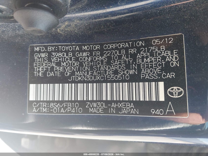 2012 Toyota Prius VIN JTDKN3DUXC1550510 IAAI salvage auction — NORMAL WEAR, Clear (Massachusetts), sold $3,375 on 2026-07-24 (photo 9)