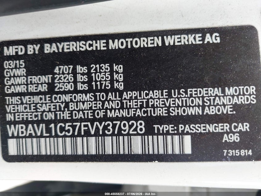 2015 BMW X1 VIN WBAVL1C57FVY37928 IAAI salvage auction — NORMAL WEAR, Clear (Pennsylvania), sold $1,000 on 2026-07-20 (photo 9)