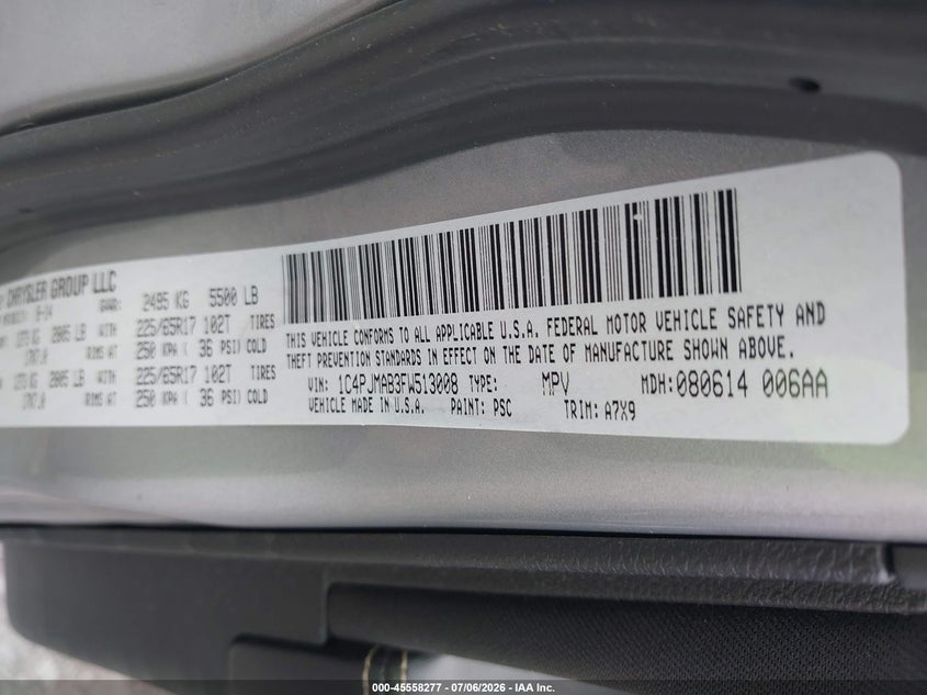 2015 Jeep Cherokee VIN 1C4PJMAB3FW513008 IAAI salvage auction — FRONT & REAR, Mv-907A (New York), sold $825 on 2026-07-28 (photo 9)