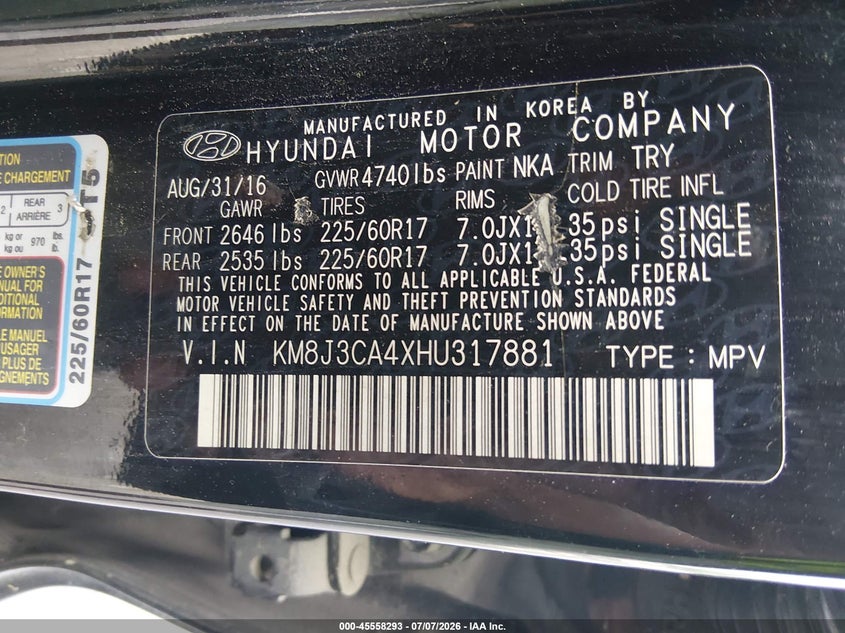 2017 Hyundai Tucson VIN KM8J3CA4XHU317881 IAAI salvage auction — FRONT END, Clear (Virginia), sold $1,150 on 2026-07-31 (photo 9)