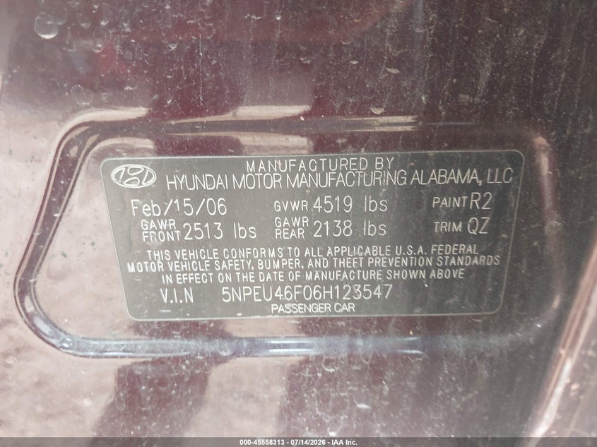 2006 Hyundai Sonata VIN 5NPEU46F06H123547 IAAI salvage auction — NORMAL WEAR, Clear (Alabama), sold $250 on 2026-07-22 (photo 9)