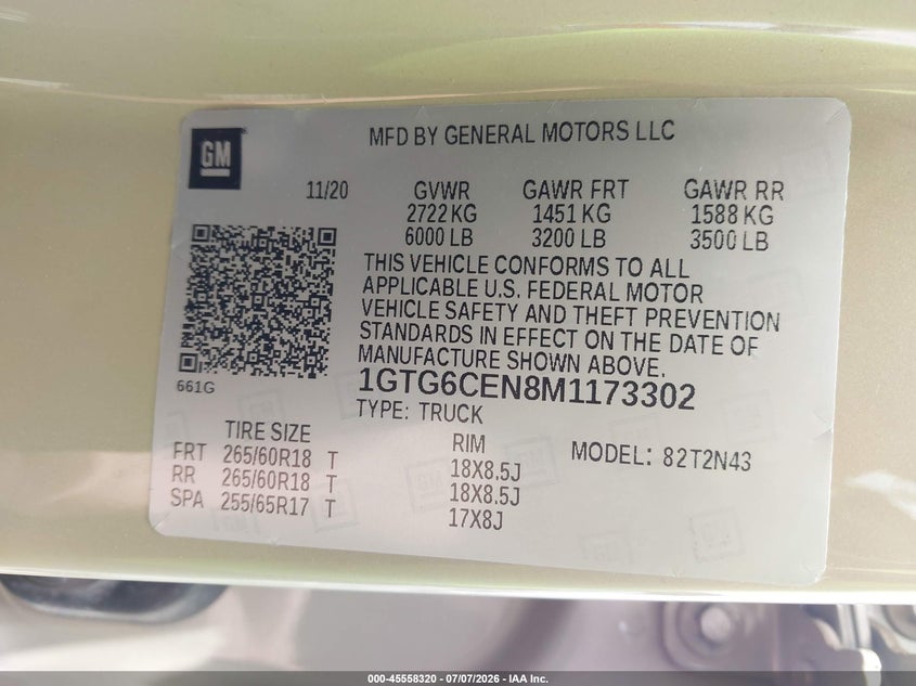 2021 Gmc Canyon VIN 1GTG6CEN8M1173302 IAAI salvage auction — FRONT END, Salvage (North Carolina), sold $6,500 on 2026-07-31 (photo 9)