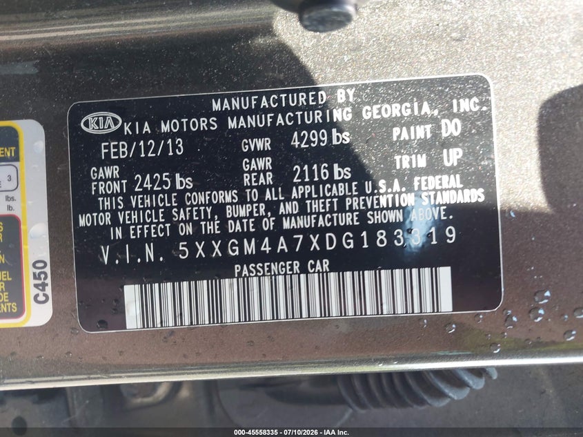 2013 Kia Optima VIN 5XXGM4A7XDG183319 IAAI salvage auction — NORMAL WEAR, Clear (Pennsylvania), sold $500 on 2026-07-28 (photo 9)