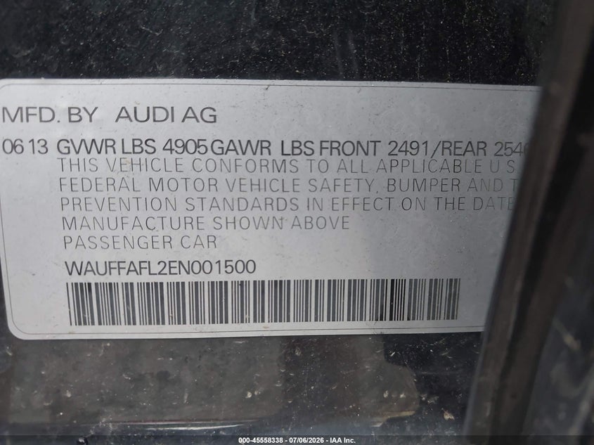 2014 Audi A4 VIN WAUFFAFL2EN001500 IAAI salvage auction — NORMAL WEAR, Clear (Pennsylvania), sold $1,350 on 2026-07-21 (photo 9)