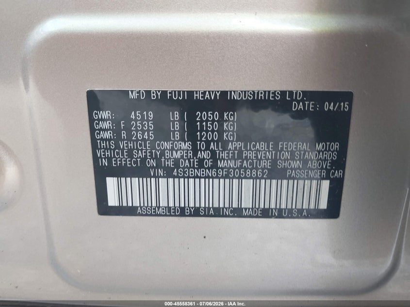 2015 Subaru LEGACY VIN 4S3BNBN69F3058862 IAAI salvage auction — NORMAL WEAR, Clear (Tennessee), sold $2,075 on 2026-07-23 (photo 9)