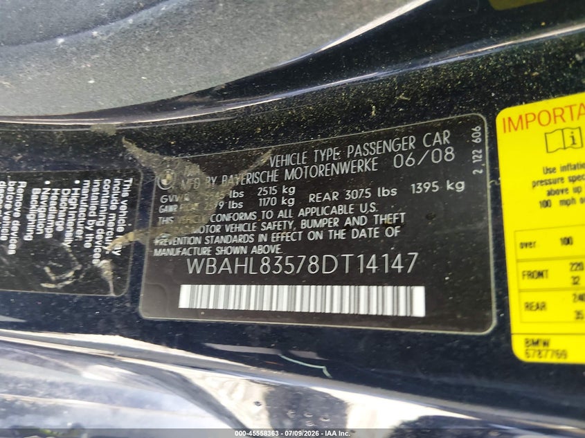 2008 BMW 7 series VIN WBAHL83578DT14147 IAAI salvage auction — NORMAL WEAR, Repossession Paperwork (South Carolina), sold $400 on 2026-08-04 (photo 9)