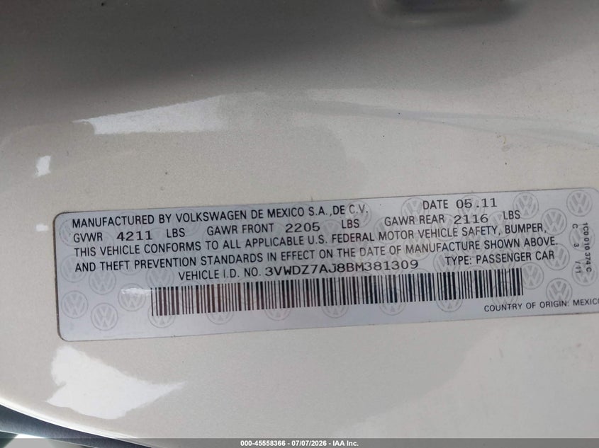 2011 Volkswagen Jetta VIN 3VWDZ7AJ8BM381309 IAAI salvage auction — FRONT END, Salvage (Pennsylvania), sold $550 on 2026-07-31 (photo 9)