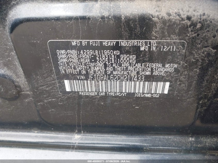 2012 Subaru Impreza VIN JF1GPAL62CH217433 IAAI salvage auction — NORMAL WEAR, Original (New Hampshire), sold $750 on 2026-07-15 (photo 9)