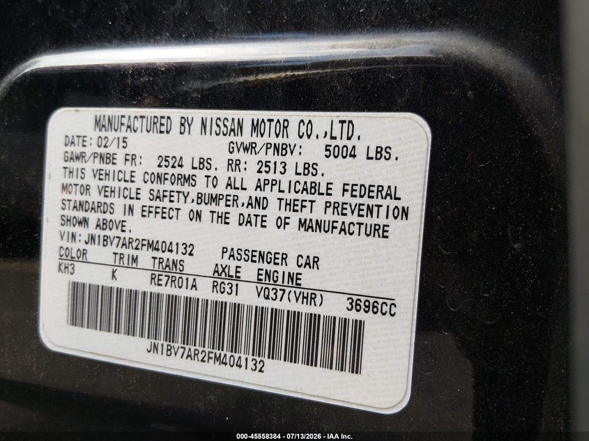 2015 Infiniti Q50 VIN JN1BV7AR2FM404132 IAAI salvage auction — REAR END, Wait Title, sold $1,150 on 2026-08-02 (photo 9)