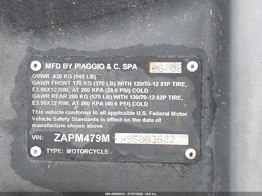 2009 Piaggio Mp3 VIN ZAPM479MX95003622 IAAI salvage auction — NORMAL WEAR, Clear (Florida), sold $25 on 2026-07-23 (photo 9)
