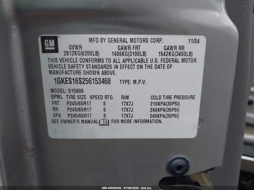 2005 Gmc Envoy VIN 1GKES16S256153468 IAAI salvage auction — FRONT & REAR, Clear (Virginia), sold $350 on 2026-07-25 (photo 9)
