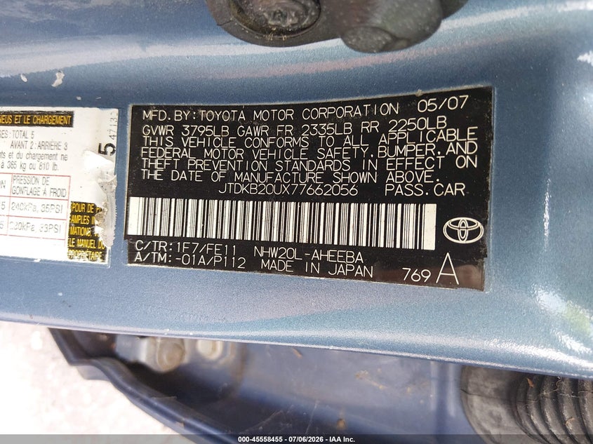 2008 Toyota Prius VIN JTDKB20UX87762658 IAAI salvage auction — NORMAL WEAR, Clear (Florida), sold $600 on 2026-07-28 (photo 9)