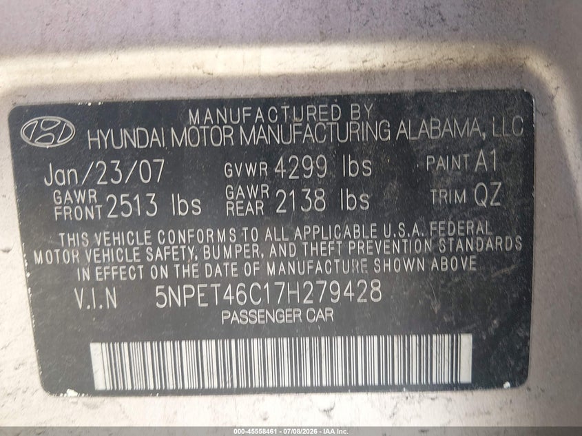 2007 Hyundai Sonata VIN 5NPET46C17H279428 IAAI salvage auction — NORMAL WEAR, Clear (New Jersey), sold $400 on 2026-07-16 (photo 9)
