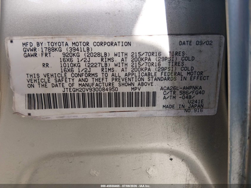 2003 Toyota Rav4 VIN JTEGH20V930084950 IAAI salvage auction — FRONT END, Rebuildable (Florida), sold $475 on 2026-07-28 (photo 9)