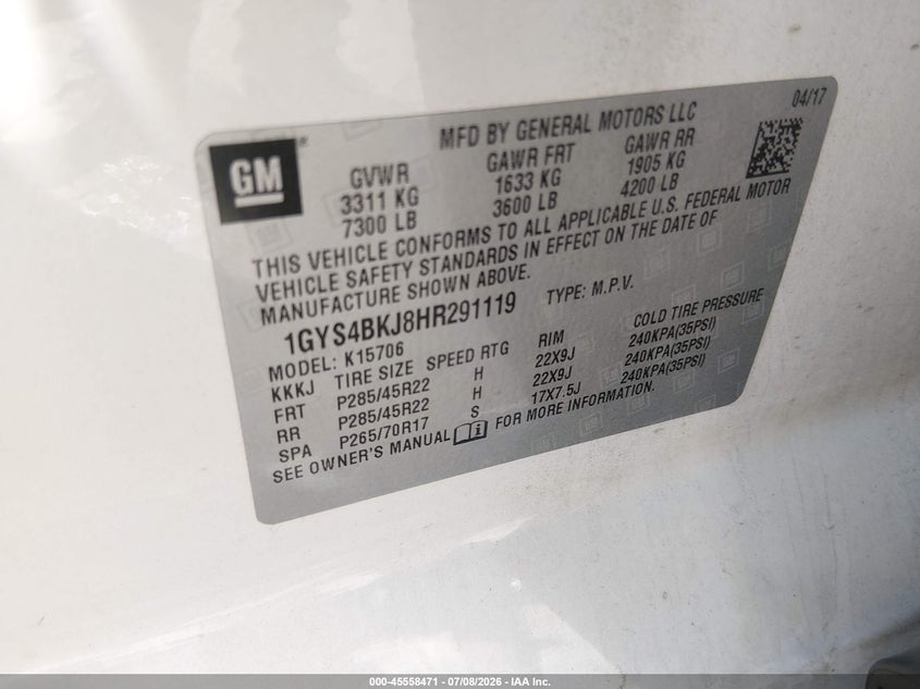 2017 Cadillac Escalade VIN 1GYS4BKJ8HR291119 IAAI salvage auction — SIDE, Salvage (New Hampshire), sold $3,300 on 2026-09-05 (photo 9)
