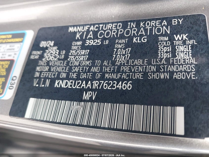 2024 Kia Seltos VIN KNDEU2AA1R7623466 IAAI salvage auction — RIGHT FRONT, Salvage Title, sold $2,550 on 2026-07-22 (photo 9)