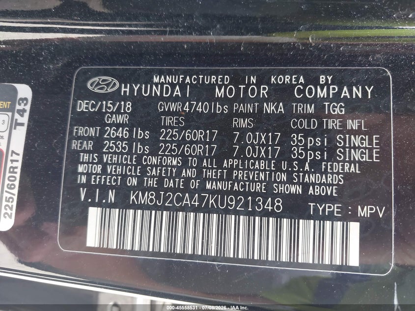 2019 Hyundai Tucson VIN KM8J2CA47KU921348 IAAI salvage auction — FRONT END, Salvage (Ohio), sold $3,400 on 2026-07-24 (photo 9)