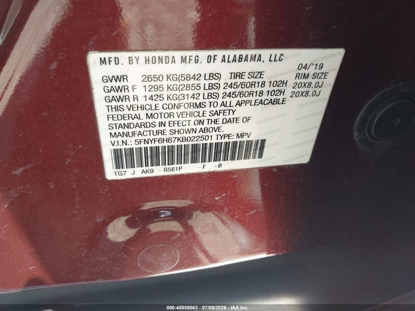 2019 Honda Pilot VIN 5FNYF6H67KB022501 IAAI salvage auction — REAR END, Mv-907A (New York), sold $7,200 on 2026-07-28 (photo 9)