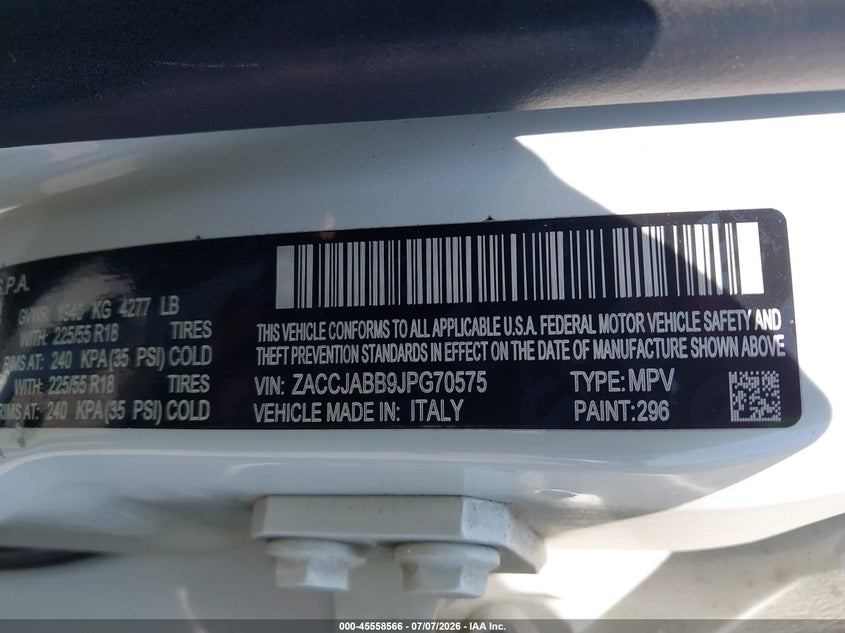2018 Jeep Renegade VIN ZACCJABB9JPG70575 IAAI salvage auction — LEFT FRONT, Clear (South Carolina), sold $1,900 on 2026-08-13 (photo 9)