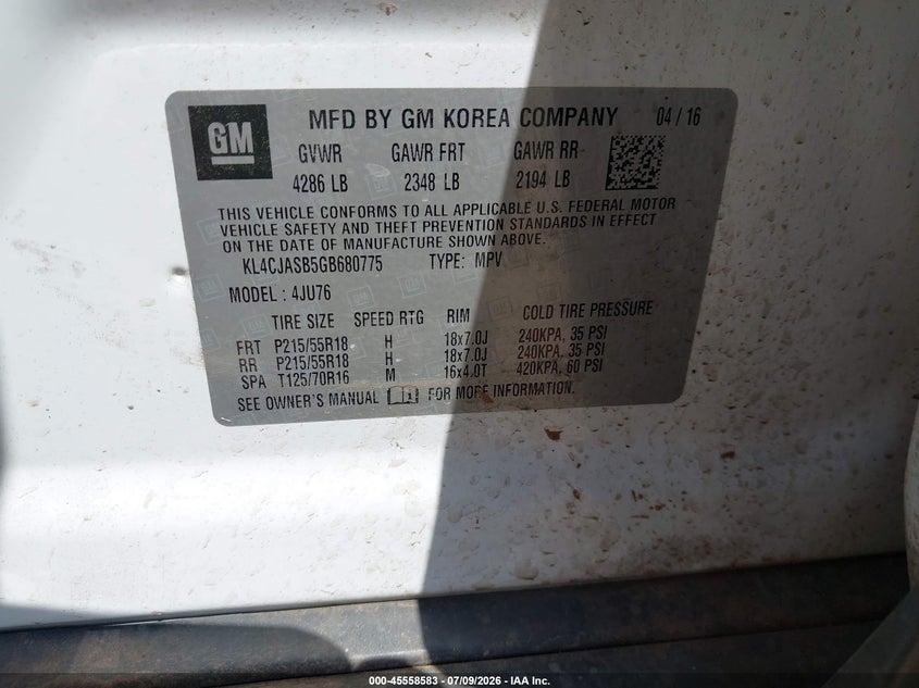2016 Buick Encore VIN KL4CJASB5GB680775 IAAI salvage auction — ALL OVER, Original (Texas), sold $675 on 2026-07-20 (photo 9)