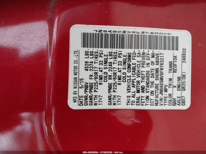 2015 Nissan Rogue VIN JN8AS5MV8FW763217 IAAI salvage auction — NORMAL WEAR, Original (New Hampshire), sold $300 on 2026-07-29 (photo 9)